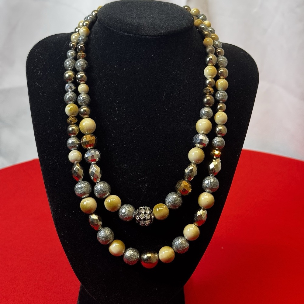 Adjustable Double Layered Beaded Necklace Bronze, Silver,‎ Tan Classic